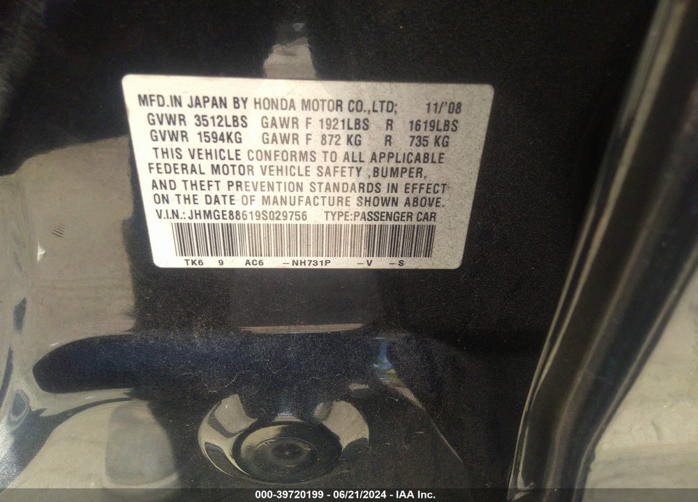 2009 HONDA FIT SPORT VIN: JHMGE88619S029756