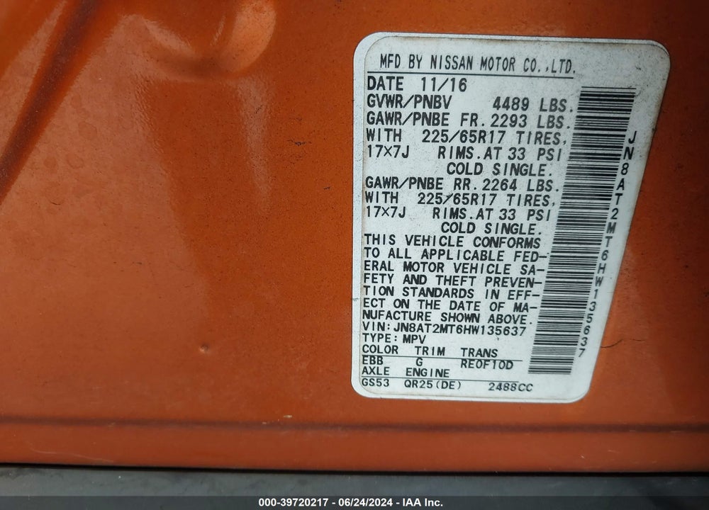 2017 NISSAN ROGUE SV VIN: JN8AT2MT6HW135637