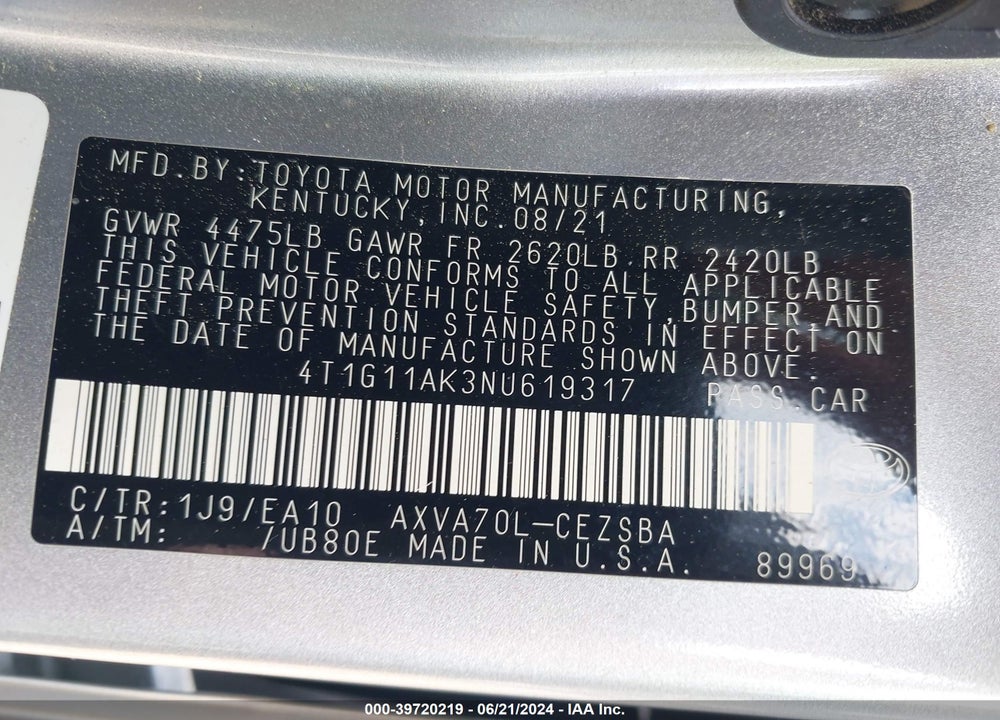 2022 TOYOTA CAMRY VIN: 4T1G11AK3NU619317