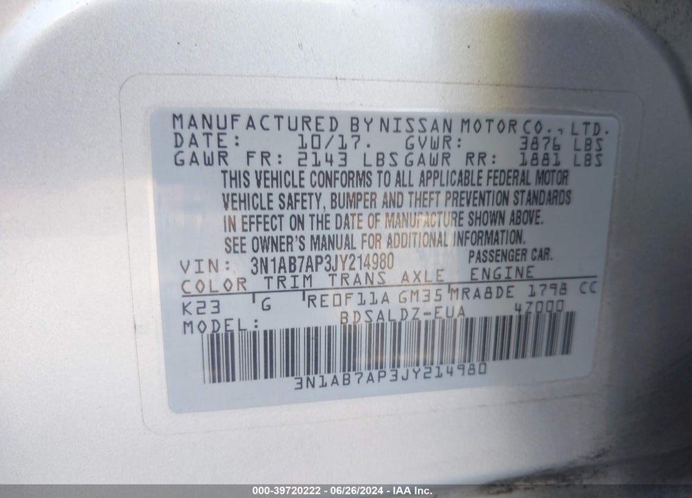2018 NISSAN SENTRA VIN: 3N1AB7AP3JY214980