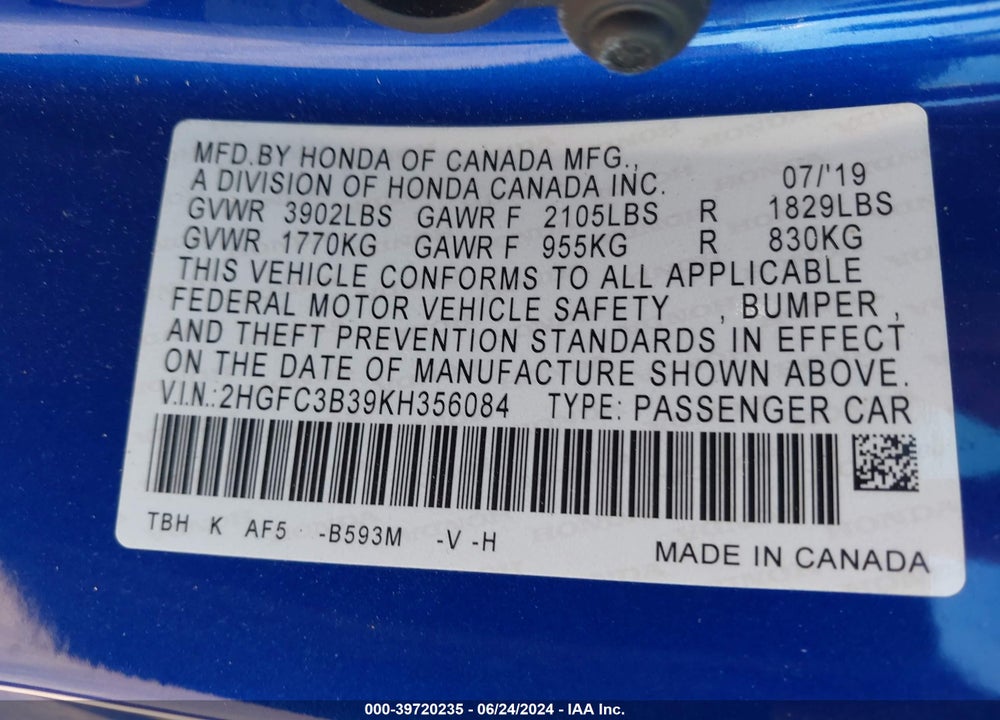 2019 HONDA CIVIC EX VIN: 2HGFC3B39KH356084