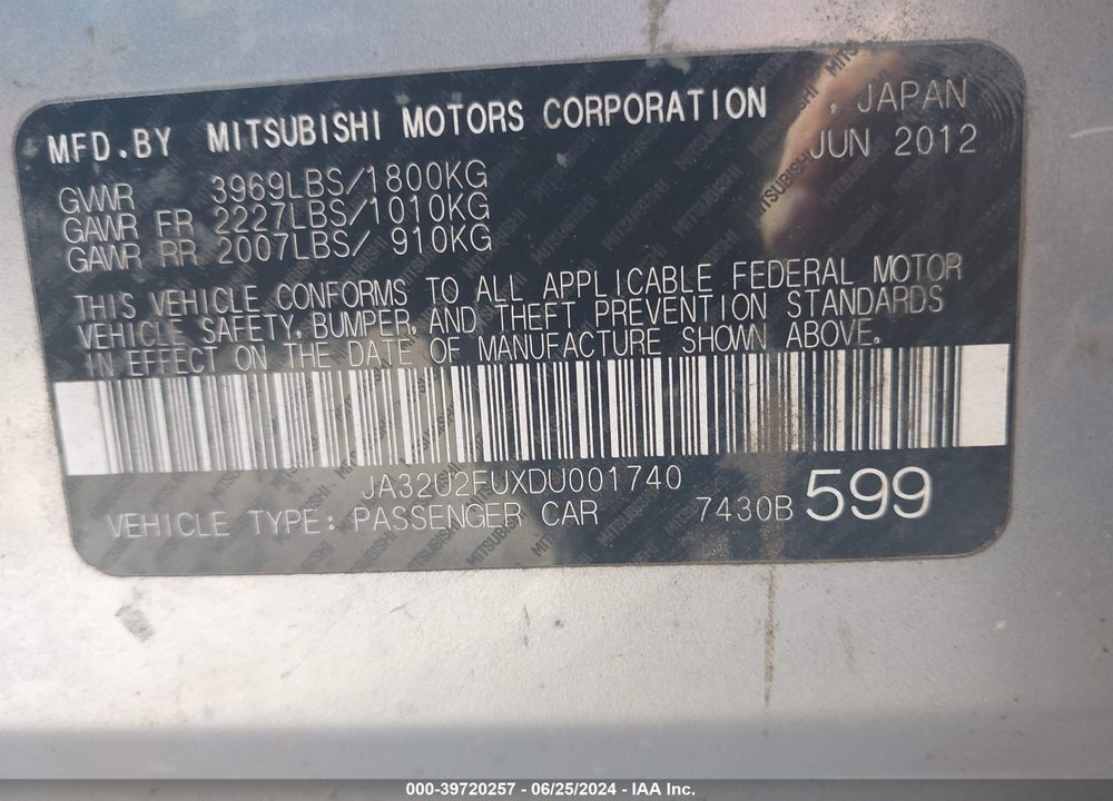 2013 MITSUBISHI LANCER ES VIN: JA32U2FUXDU001740