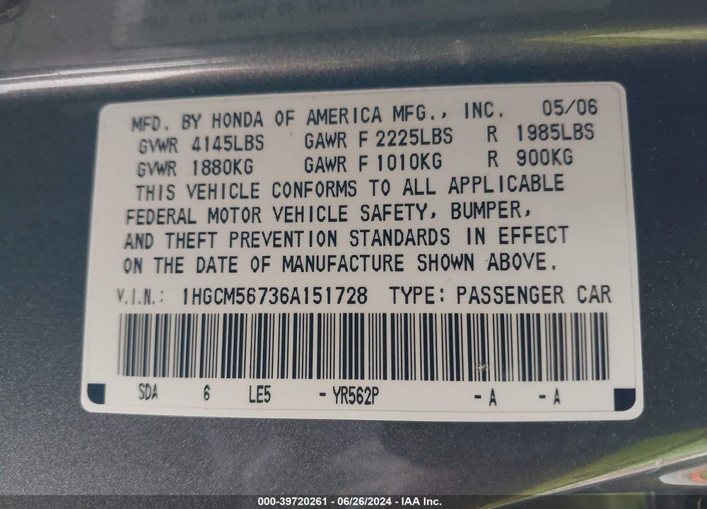 2006 HONDA ACCORD 2.4 EX VIN: 1HGCM56736A151728