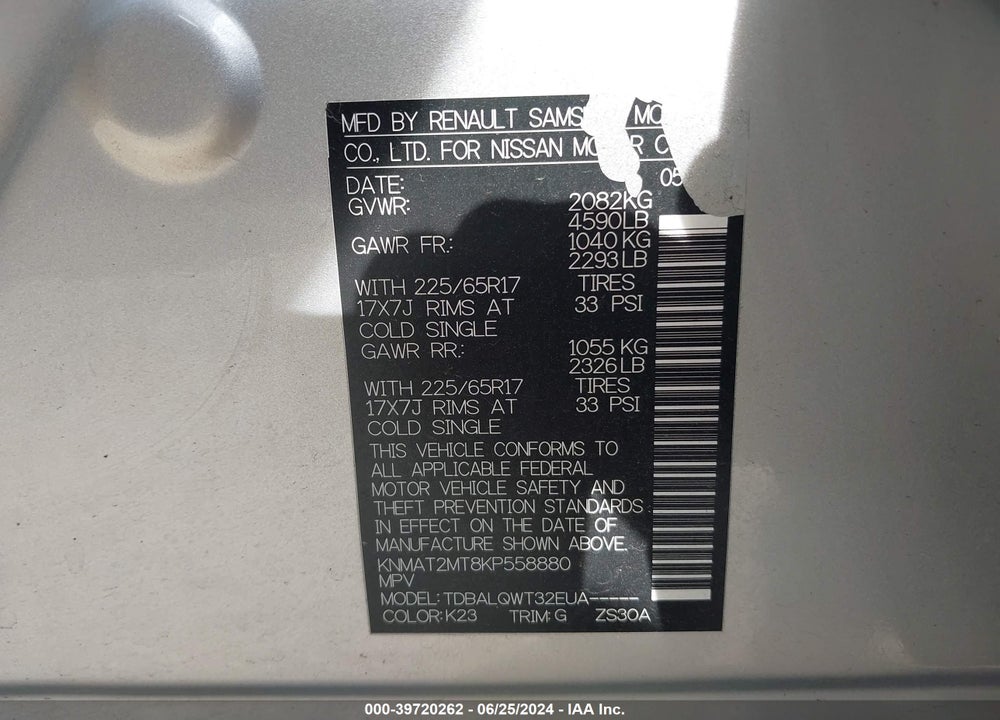 2019 NISSAN ROGUE SV VIN: KNMAT2MT8KP558880