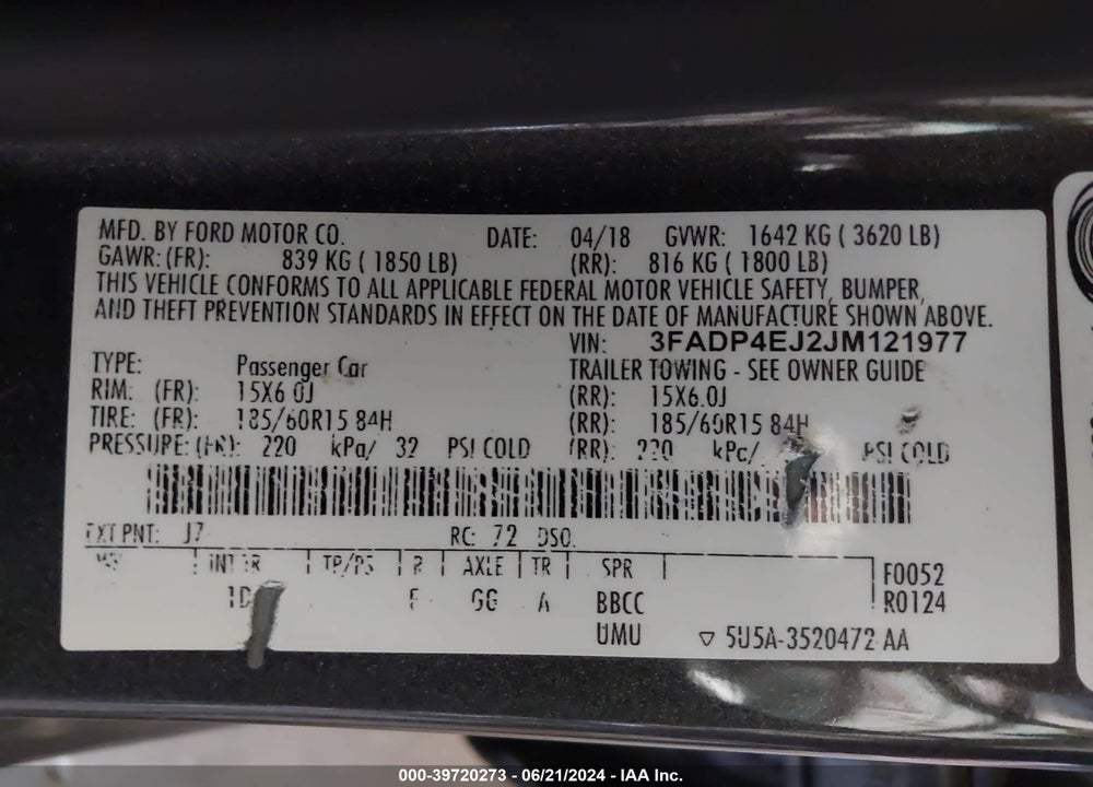 2018 FORD FIESTA SE VIN: 3FADP4EJ2JM121977