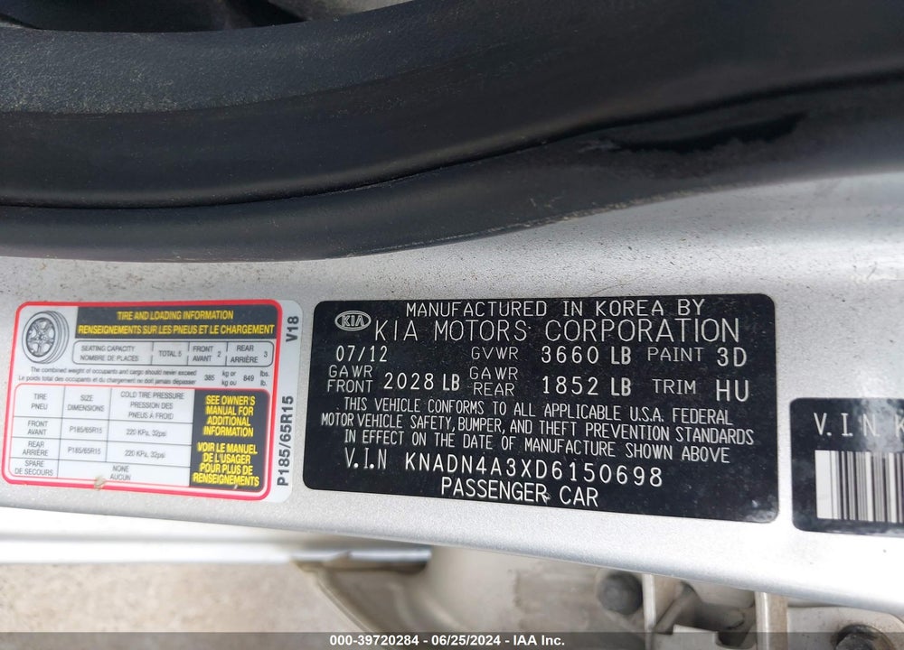 2013 KIA RIO VIN: KNADN4A3XD6150698
