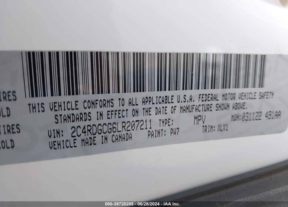 2020 DODGE GRAND CARAVAN SXT VIN: 2C4RDGCG6LR207211