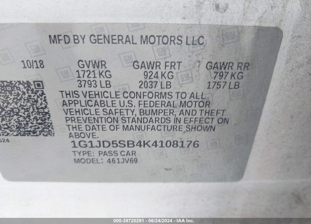 2019 CHEVROLET SONIC LT AUTO VIN: 1G1JD5SB4K4108176