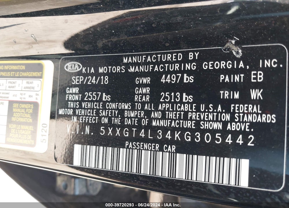 2019 KIA OPTIMA LX VIN: 5XXGT4L34KG305442