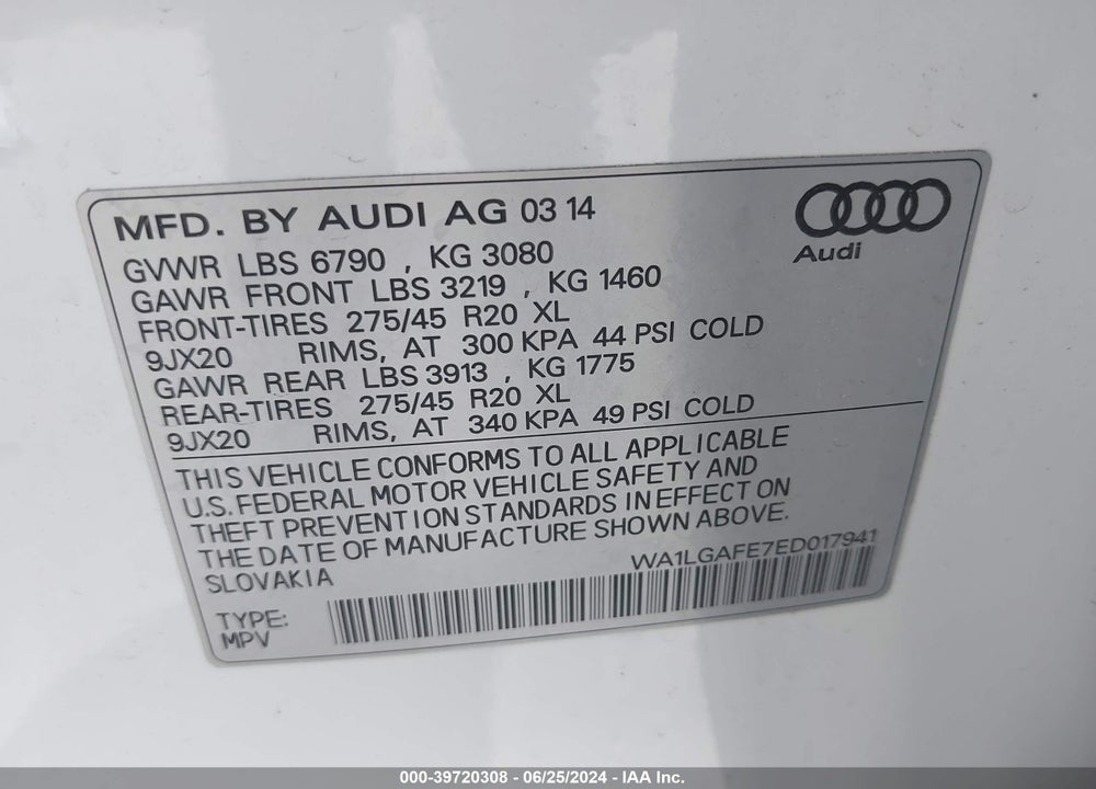 2014 AUDI Q7 3.0T PREMIUM VIN: WA1LGAFE7ED017941