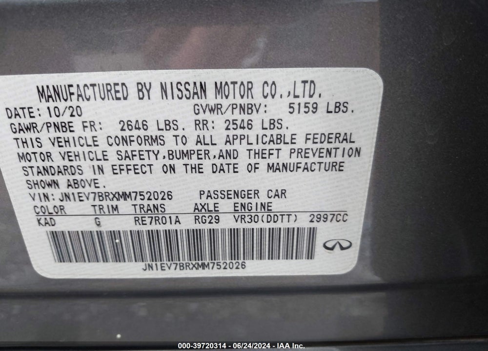 2021 INFINITI Q50 LUXE AWD VIN: JN1EV7BRXMM752026
