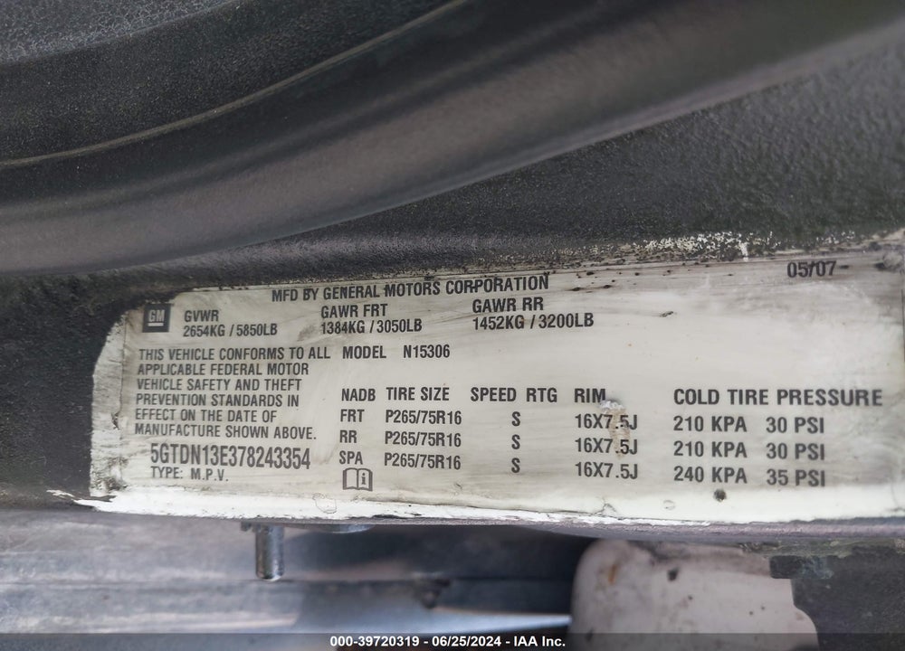2007 HUMMER H3 SUV VIN: 5GTDN13E378243354