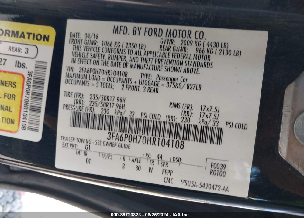 2017 FORD FUSION SE VIN: 3FA6P0H70HR104108