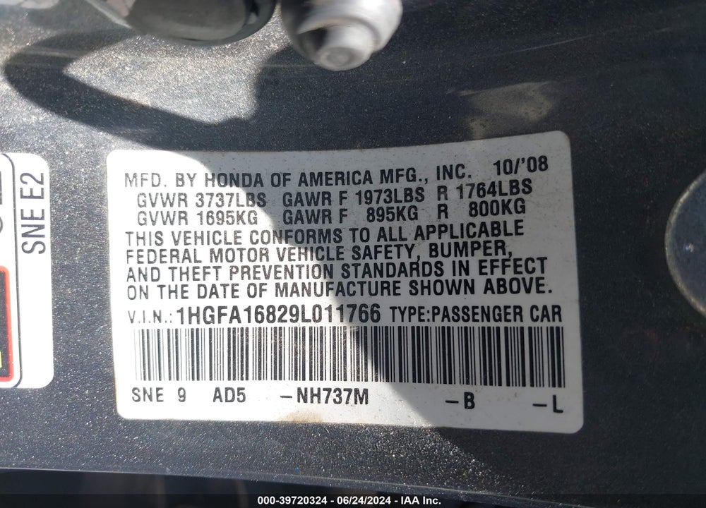 2009 HONDA CIVIC EX VIN: 1HGFA16829L011766