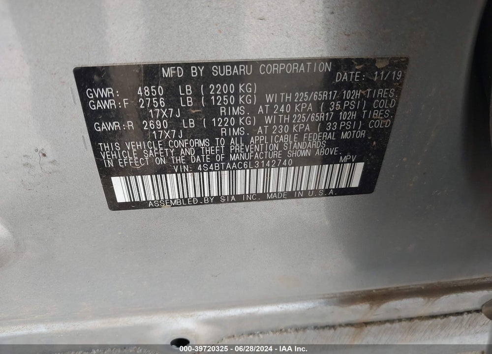 2020 SUBARU OUTBACK VIN: 4S4BTAAC6L3142740
