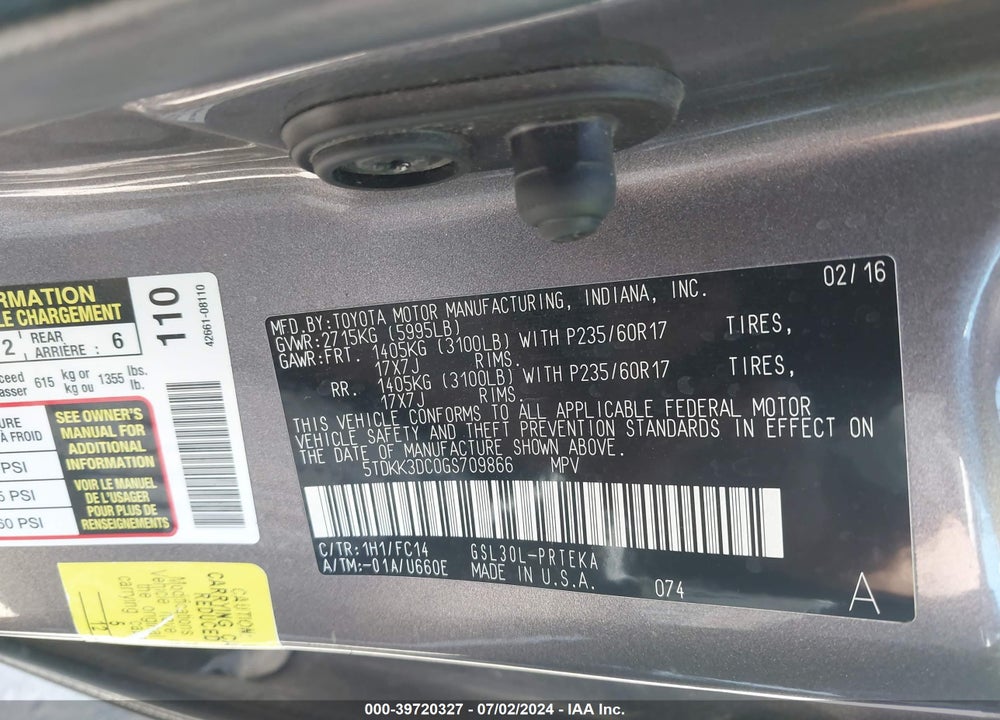 2016 TOYOTA SIENNA LE 8 PASSENGER VIN: 5TDKK3DC0GS709866