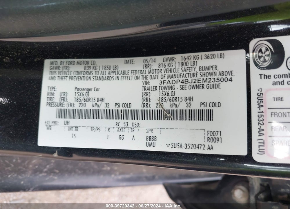 2014 FORD FIESTA SE VIN: 3FADP4BJ2EM235004