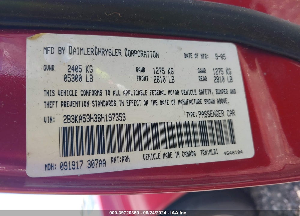2006 DODGE CHARGER RT VIN: 2B3KA53H36H197353