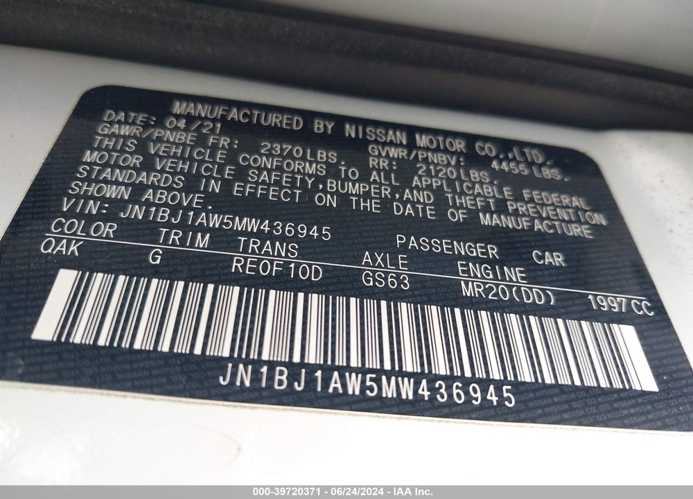 2021 NISSAN ROGUE SPORT S VIN: JN1BJ1AW5MW436945
