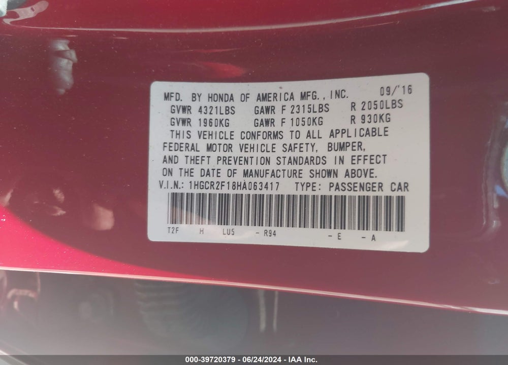 2017 HONDA ACCORD SPORT SE VIN: 1HGCR2F18HA063417