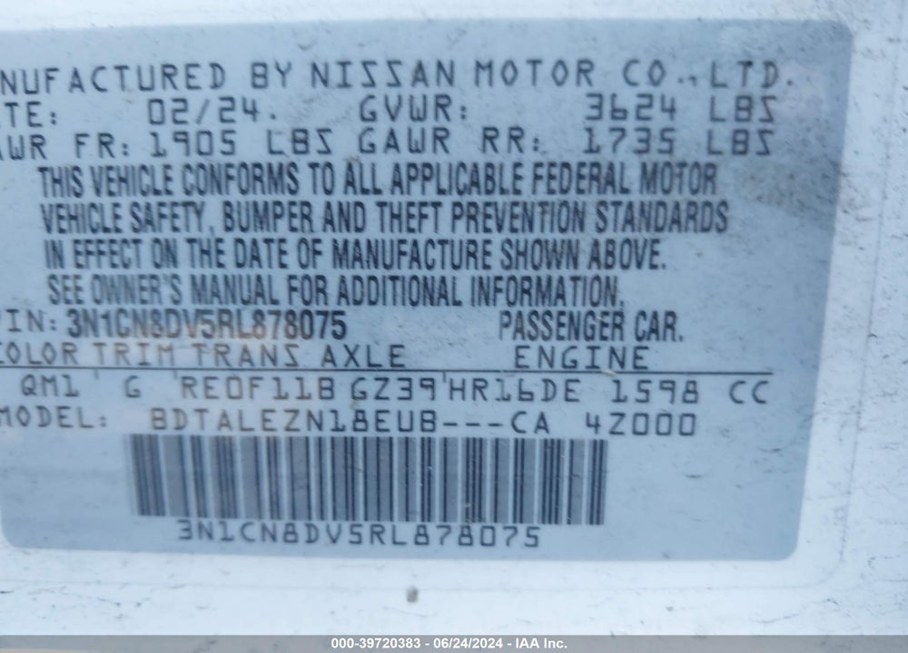 2024 NISSAN VERSA 1.6 S+ VIN: 3N1CN8DV5RL878075