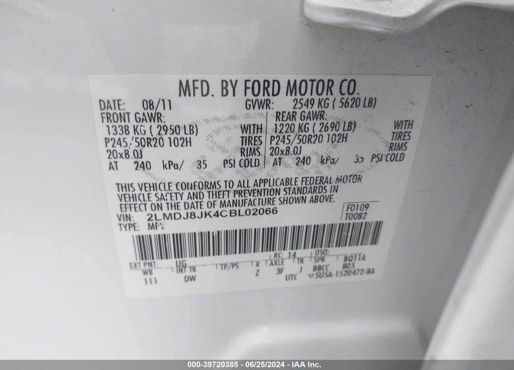 2012 LINCOLN MKX VIN: 2LMDJ8JK4CBL02066