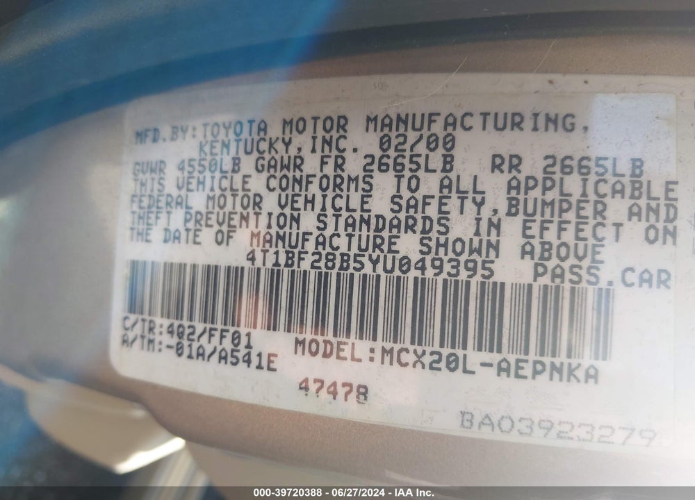 2000 TOYOTA AVALON XL VIN: 4T1BF28B5YU049395