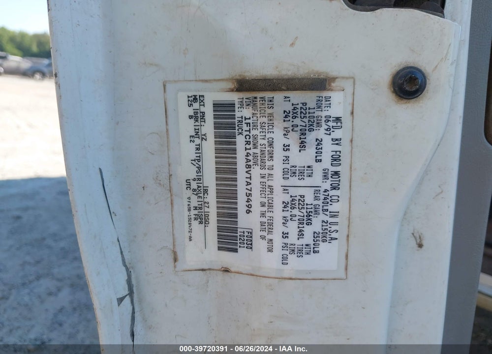 1997 FORD RANGER XL/XLT VIN: 1FTCR14A8VTA75496