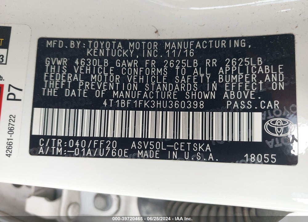 2017 TOYOTA CAMRY SE VIN: 4T1BF1FK3HU360398