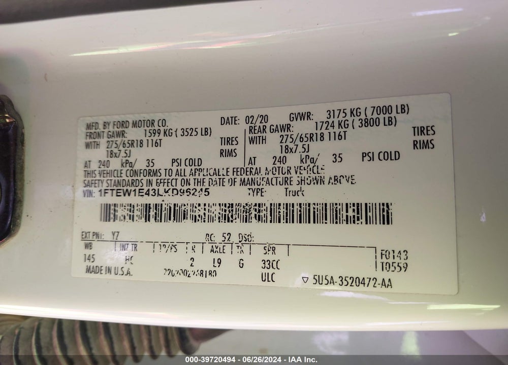 2020 FORD F-150 LARIAT VIN: 1FTEW1E43LKD96245