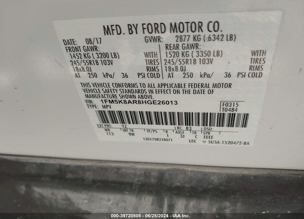 2017 FORD UTILITY POLICE INTERCEPTOR VIN: 1FM5K8AR8HGE26013