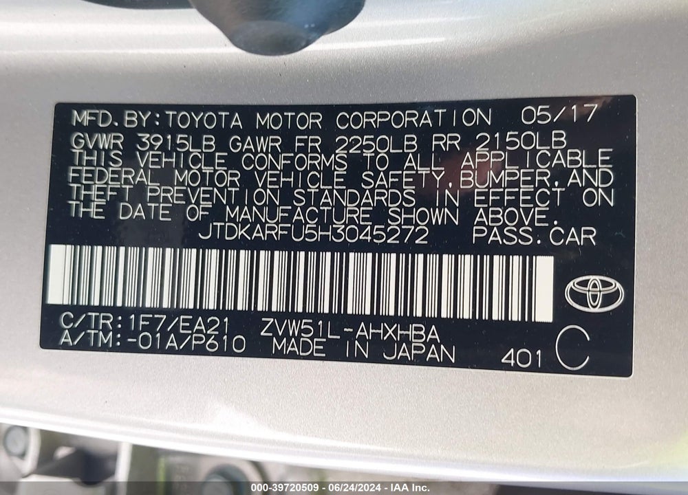2017 TOYOTA PRIUS THREE TOURING VIN: JTDKARFU5H3045272