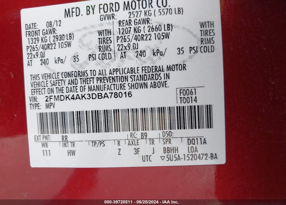 2013 FORD EDGE SPORT VIN: 2FMDK4AK3DBA78016