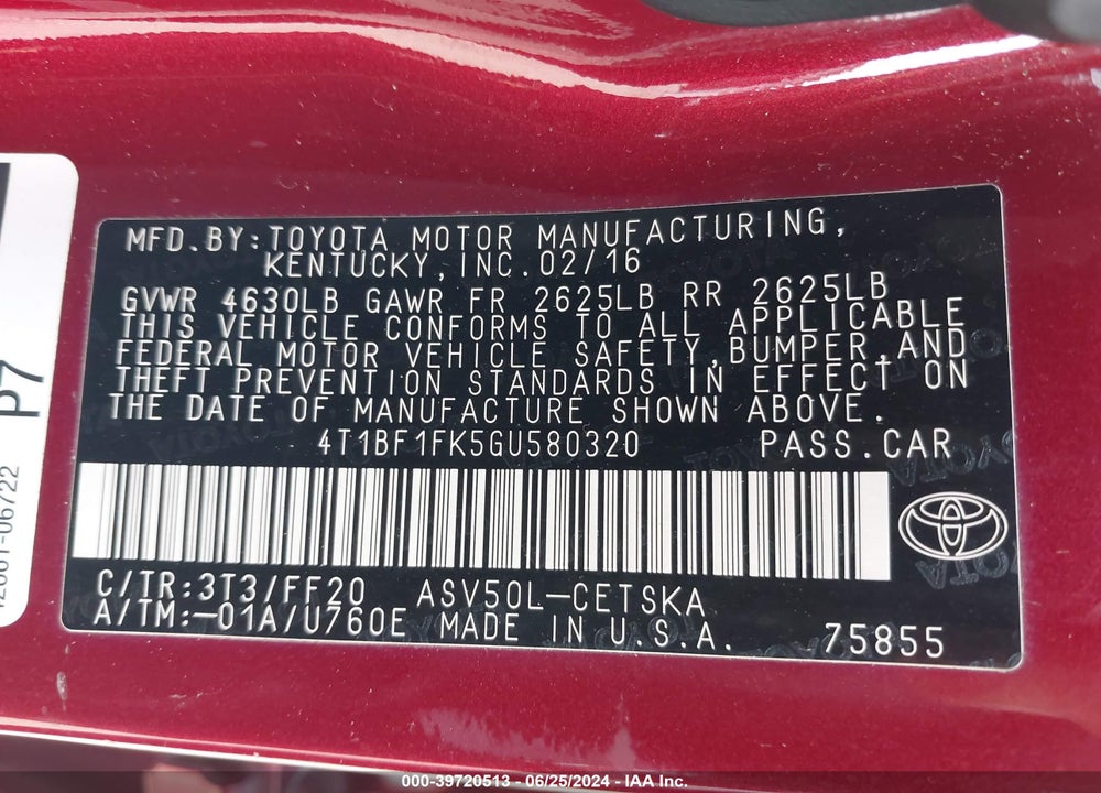 2016 TOYOTA CAMRY SE VIN: 4T1BF1FK5GU580320