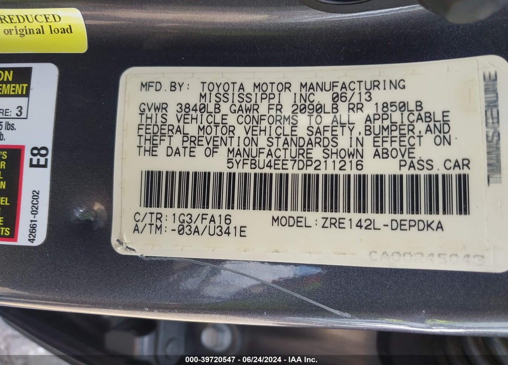 2013 TOYOTA COROLLA L VIN: 5YFBU4EE7DP211216