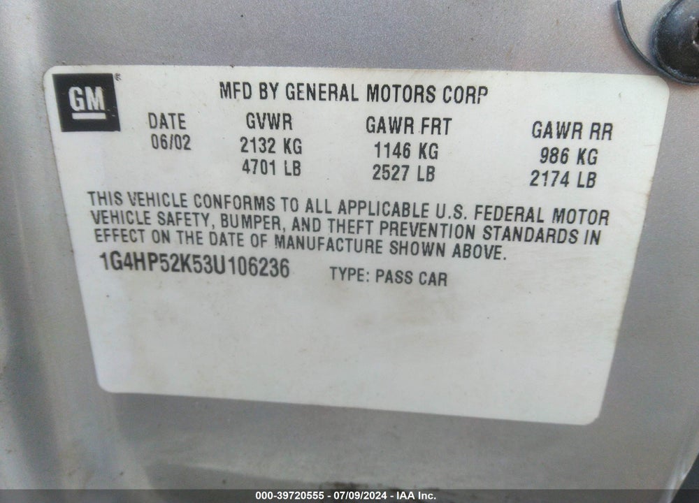 2003 BUICK LESABRE CUSTOM VIN: 1G4HP52K53U106236