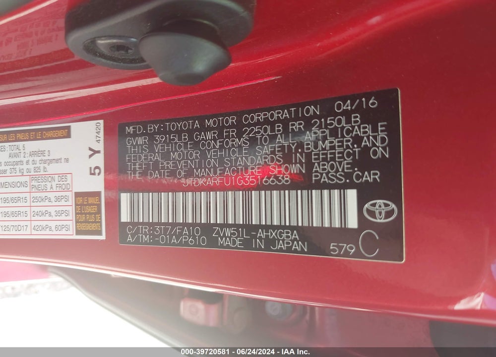 2016 TOYOTA PRIUS THREE VIN: JTDKARFU1G3516638