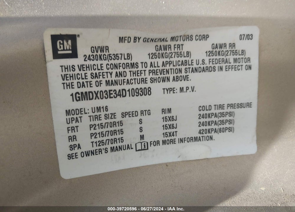 2004 PONTIAC MONTANA M16 W/1SA PKG. VIN: 1GMDX03E34D109308