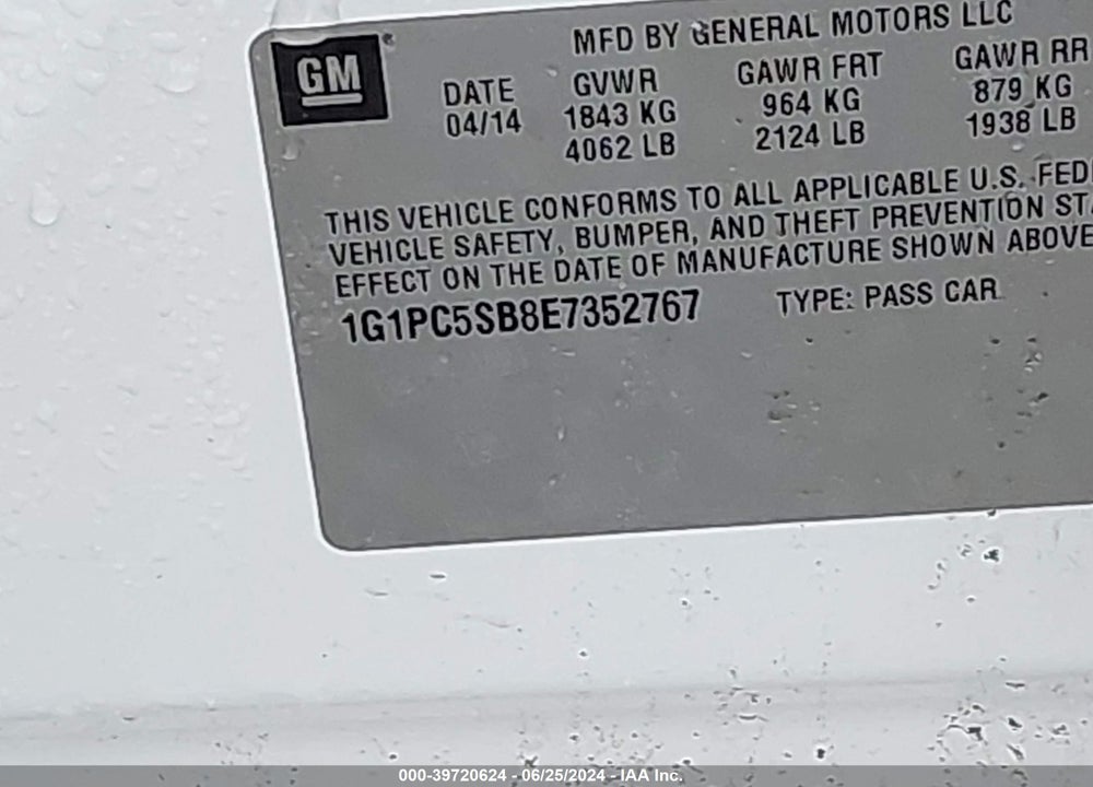 2014 CHEVROLET CRUZE 1LT AUTO VIN: 1G1PC5SB8E7352767