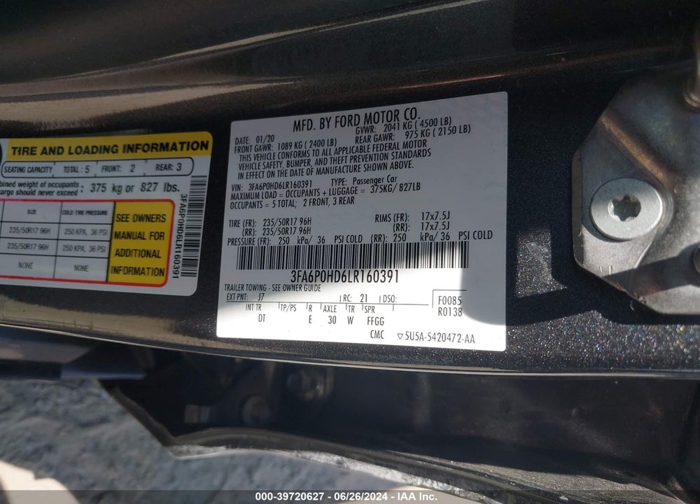 2020 FORD FUSION SE VIN: 3FA6P0HD6LR160391