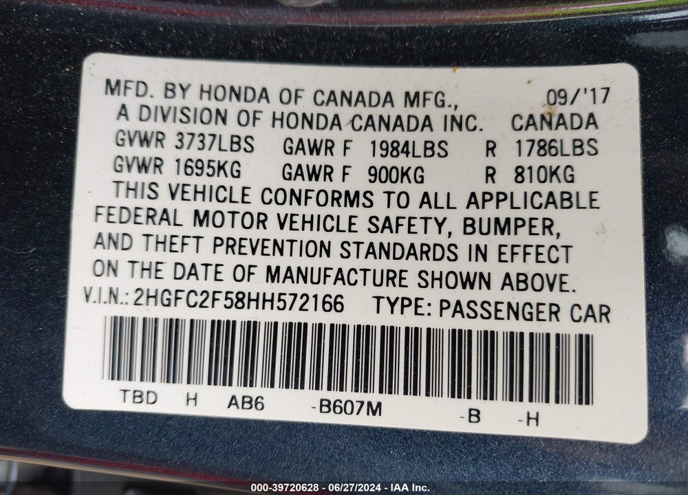 2017 HONDA CIVIC LX VIN: 2HGFC2F58HH572166