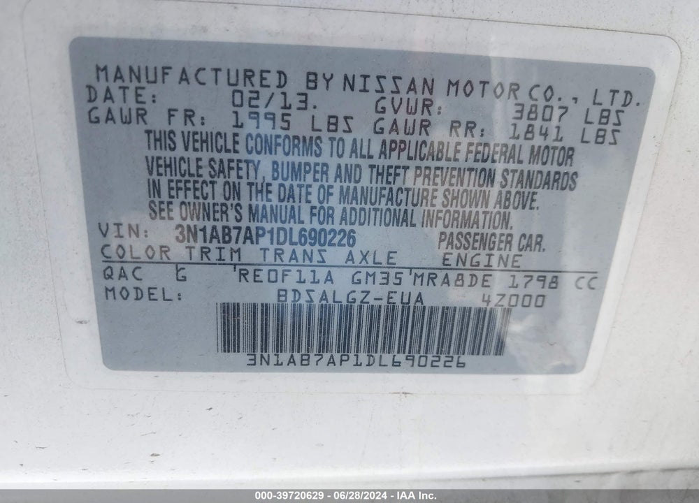 2013 NISSAN SENTRA SL VIN: 3N1AB7AP1DL690226