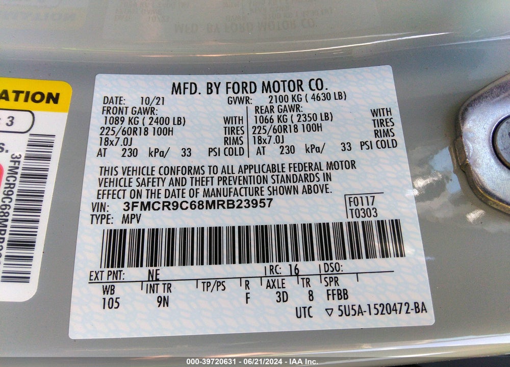 2021 FORD BRONCO SPORT OUTER BANKS VIN: 3FMCR9C68MRB23957