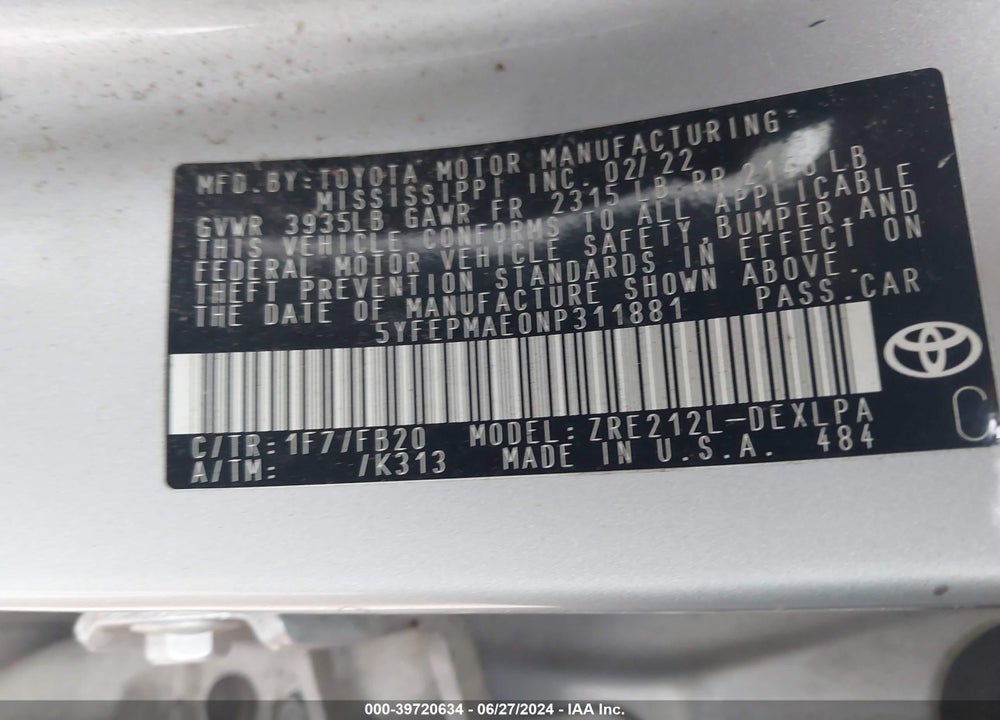 2022 TOYOTA COROLLA LE VIN: 5YFEPMAE0NP311881