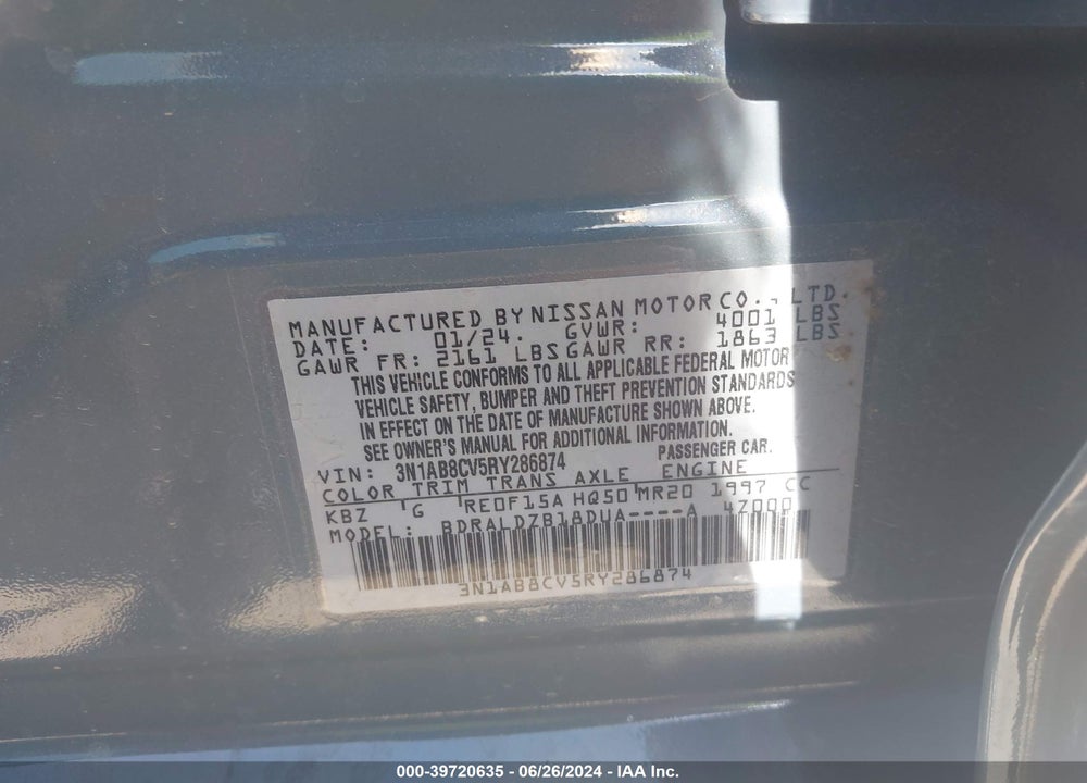 2024 NISSAN SENTRA SV XTRONIC CVT VIN: 3N1AB8CV5RY286874