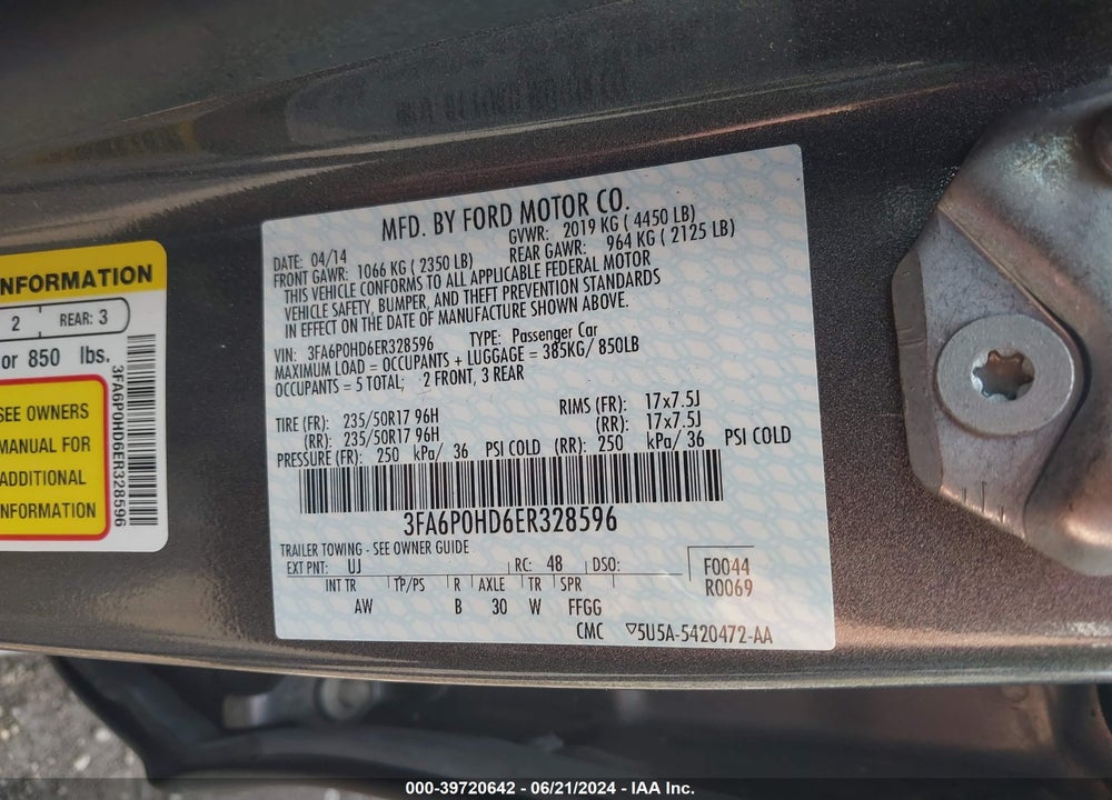 2014 FORD FUSION SE VIN: 3FA6P0HD6ER328596