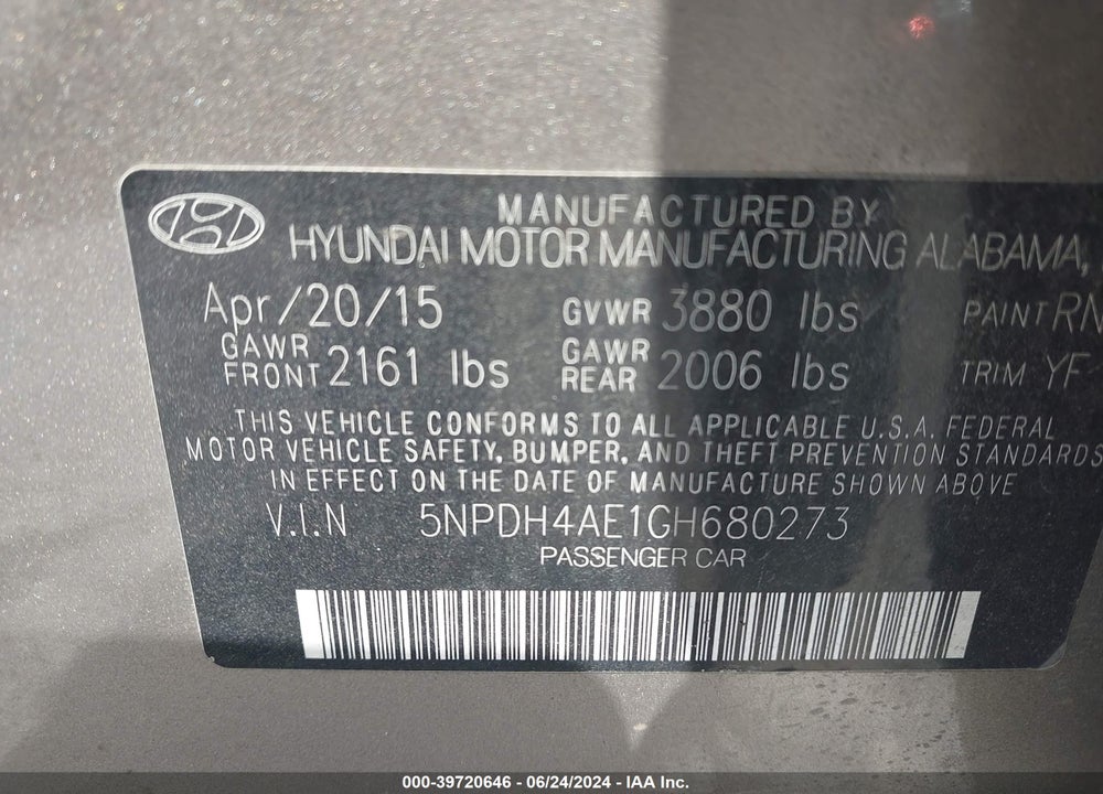 2016 HYUNDAI ELANTRA SE VIN: 5NPDH4AE1GH680273