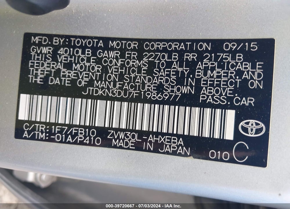 2015 TOYOTA PRIUS TWO VIN: JTDKN3DU7F1986977