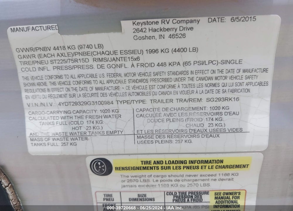 2016 KEYS SPRINGDALE VIN: 4YDT29329G3100984