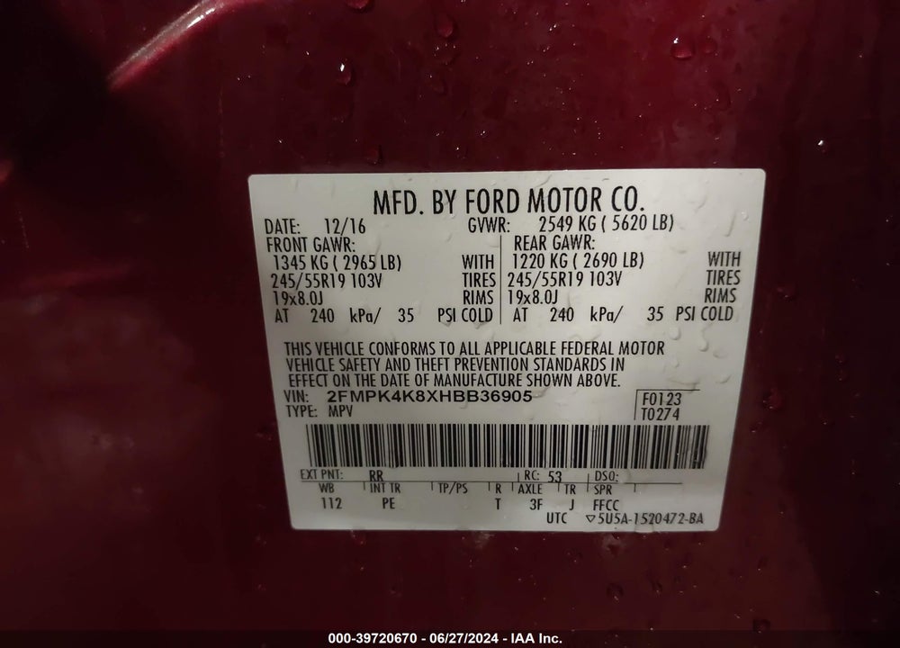 2017 FORD EDGE TITANIUM VIN: 2FMPK4K8XHBB36905